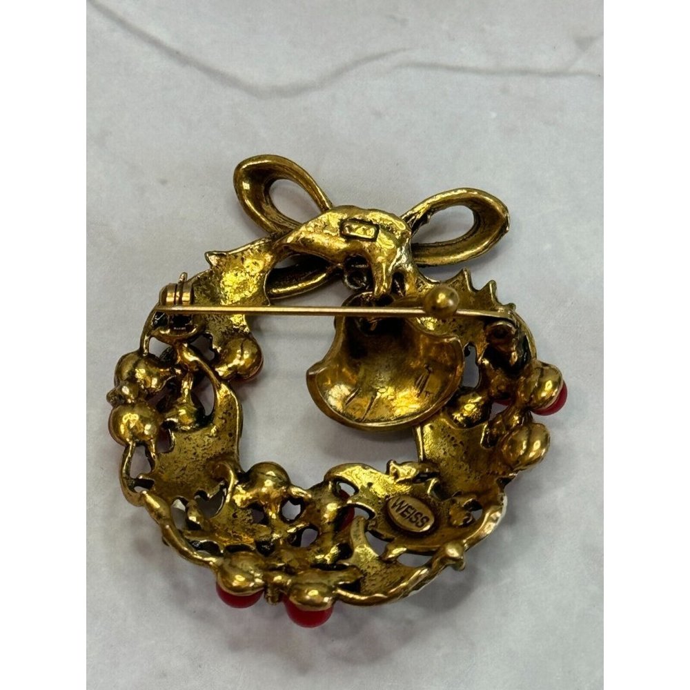 Vintage Weiss Enamel Wreath Golden Bell Christamas Brooch - Picture 7 of 7